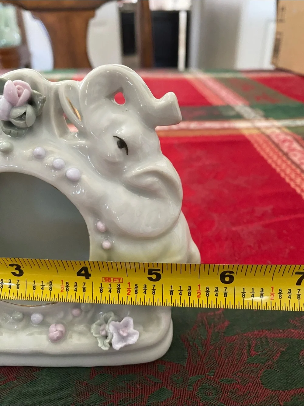 Vintage Loving Elephants White Ceramic Photo Frame with Pink Accent Flowers 5”